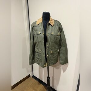 C. Wonder Olive Cabincore Waxed Barn Jacket with Tan Corduroy Collar